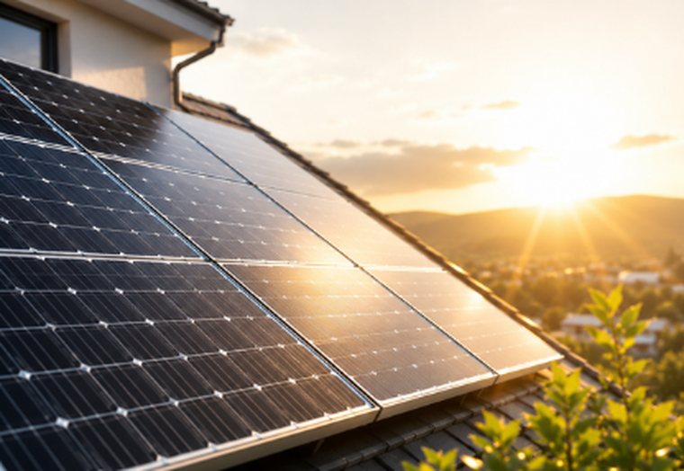 Solarmodule auf einem Hausdach im Abendlicht