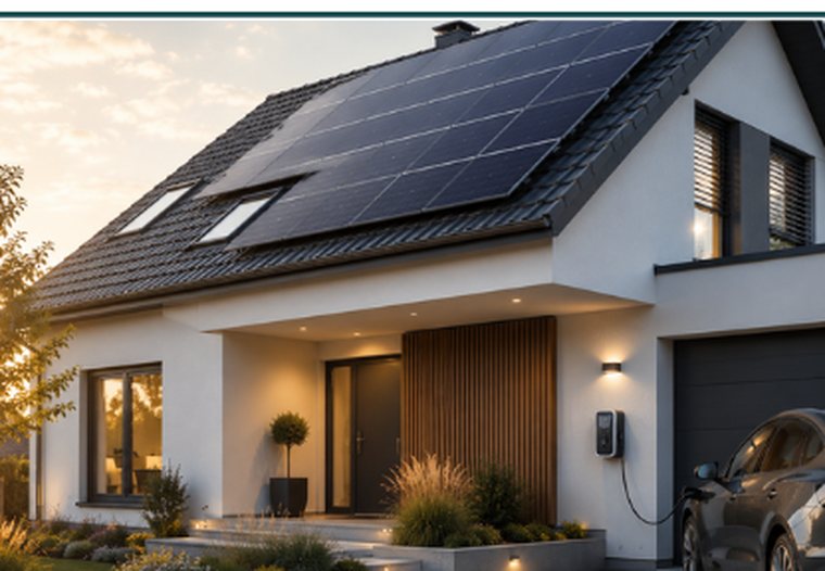 Wohnhaus mit Photovoltaikanlage und Wallbox in der Abenddämmerung